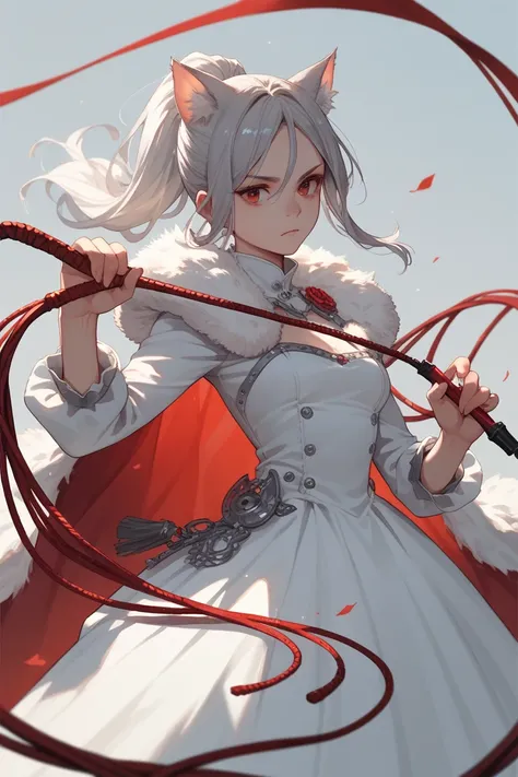 1 woman, ponytail, silver-haired angora cat ears,whip,Shoulder fur uniform , white dress with red decoration