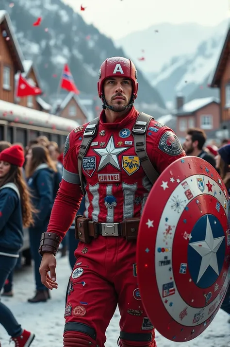 A dynamic and detailed ultra HD image of Captain America, but with a unique twist—he is fully immersed in the vibrant Russ culture of Norway. He is wearing a red Russ suit, adorned with custom patches, badges, and slogans, all related to his heroic persona...