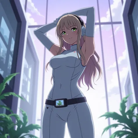 1girl, anime, female, young adult, in her early twenties, white form-fitting suit that covers the entire body except arms, futuristic, blue eyes, green lines, accentuated crotch, hourglass figure, sleeveless, Bare exposed arms, futuristic home, visible out...