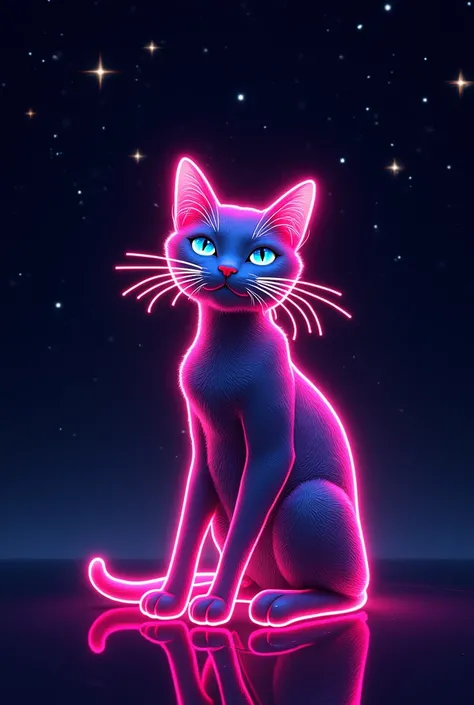 Create an image of a cat against the background of a constellation of stars. The cat is in neon color on a black background. 