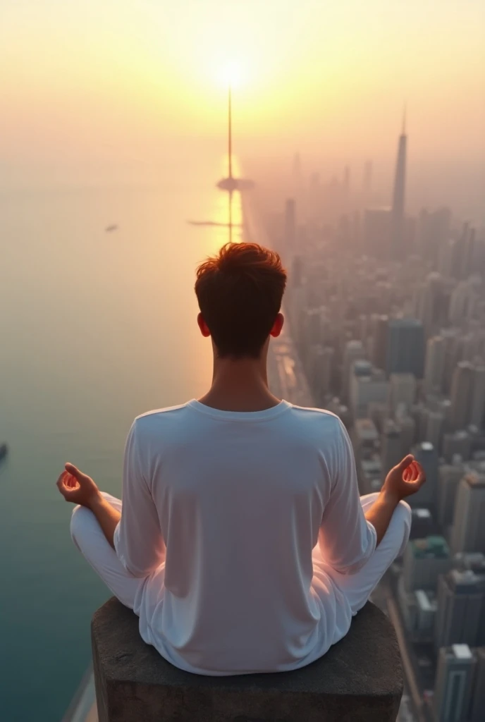 8K high-angle high-definition photo. A handsome young man in a white dress meditates with his eyes closed on the top of the tallest building in the world. On top of it, there is a seating area, there is a media pole next to it. Below, in the center of one ...