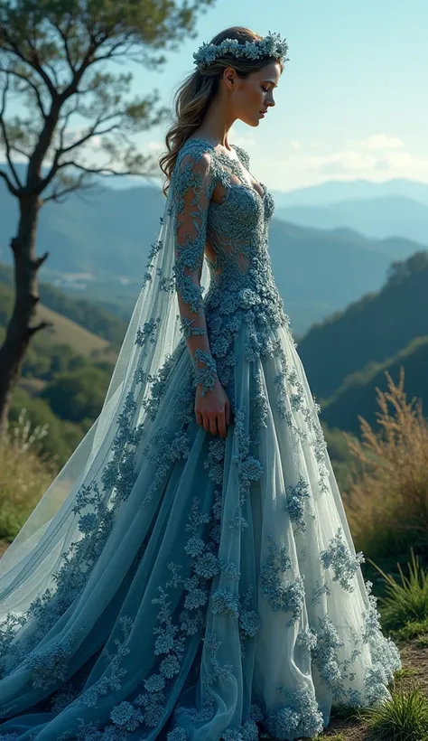 A majestic, modern bride stands resplendent in a striking black, white, and turquoise wedding gown, as if plucked from the pages of a realistic fantasy artbook. The intricate, sculpted design is woven with natures subtle magic, featuring delicate patterns ...