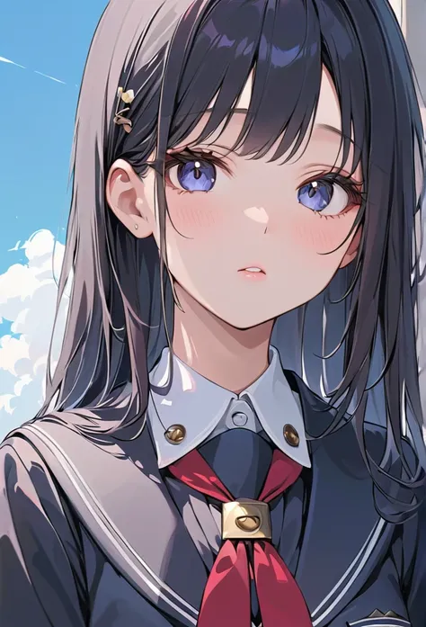 （ Very Detailed ,  HD model  ）masterpiece,  High Resolution , 高detail,  pretty face，Animated eyes ，detail， high quality， Black Hair, long hair， black eyes,   1 girl ,  white skin，Wearing a student uniform ， The second button opens slightly，Can see the seco...