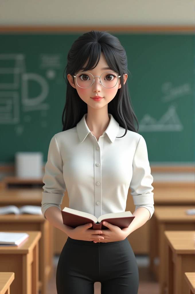 make a half body 3D avatar of a teacher that looks beautiful. Facial features: looks like korean, especially the eyes, narrow nose, faired skin, small face, long black hair with wispy bangs. Wearing thin silver framed glasses, wearing white polo longsleeve...