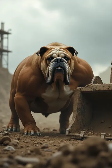 "An intense scene where a muscular bulldog and a large bulldozer are facing each other in a dusty construction site. The bulldog is in a fierce stance, its eyes locked onto the bulldozer, with a growl showing its teeth. The bulldozer is imposing, with a la...