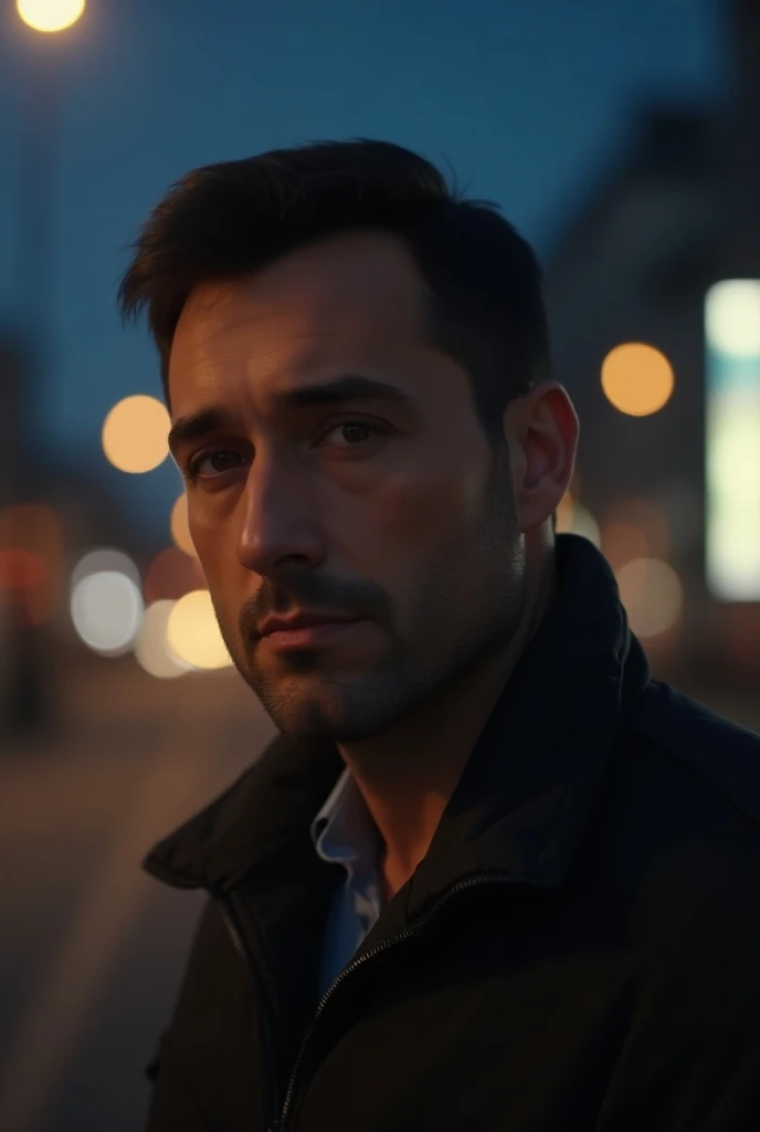 (photorealism:1.2), 
Handsome Polish middle-aged man, 40 years old, small black eyes, short black hair, thoughtful looking, in the city night. Spring clothes. Facing wright to the camera. Portrait