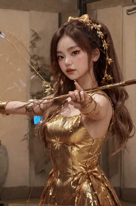 a woman with a bow is holding a bow, Artemisa, greek goddess Artemisa, golden goddess with a bow and arrow, goddess of greek mythology, the goddess are shooting an arrow, Hwang Yeji, Hip-length framing, Hwang Yeji, Goddess with a bow shooting an arrow, sho...