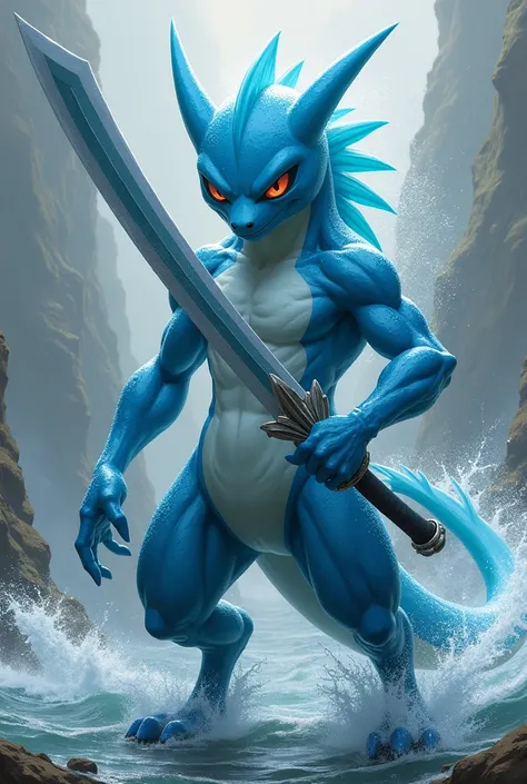  A water Pokemon, biped, Water katana, edgy, epic, neutral expression, stopped 