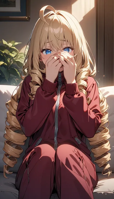 woman、Blonde、Long Hair、Drill Hair、Ahoge、Blue Eyes、Tree Eyes、Details、Grinning face、 maroon sportswear with long sleeves hidden in the hands、Maroon pants 、Moe sleeves、Covering one&#39;s eyes with one&#39;s hands、 sitting on a white sofa 、Room Background、 upp...