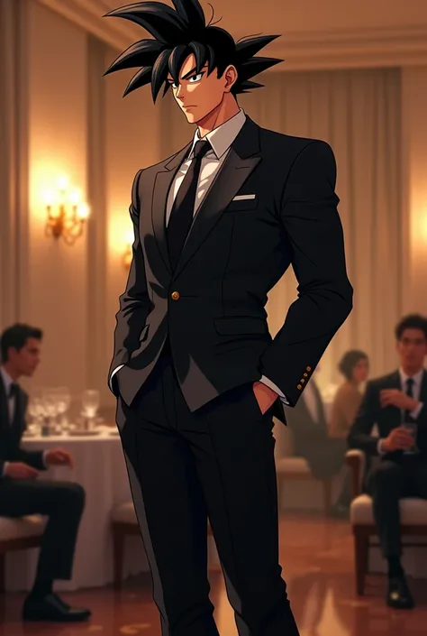 Goku in elegant black suit with tie for a refined birthday party 