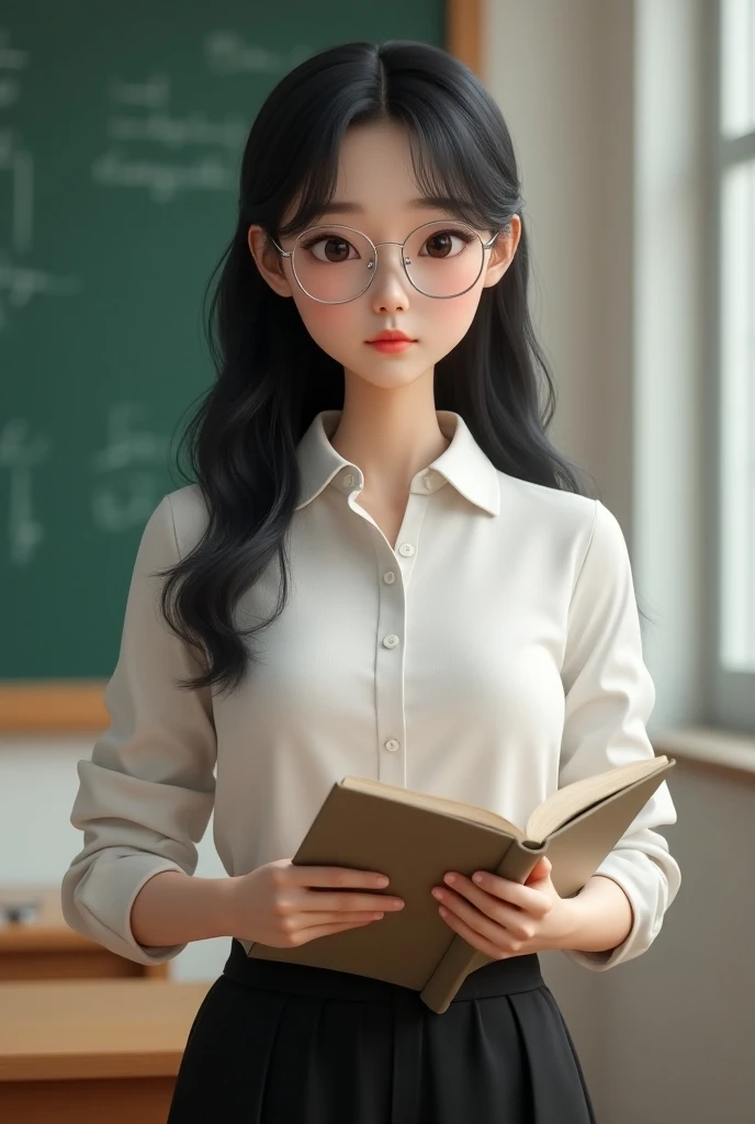 make a half body 3D avatar of a teacher that looks beautiful. Facial features: looks like korean, especially the eyes, narrow nose, faired skin, small face, long black hair with wispy bangs. Wearing thin silver framed glasses, wearing white polo longsleeve...