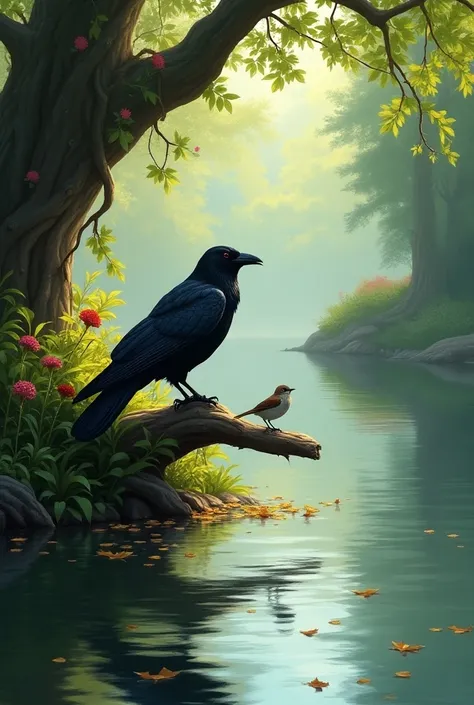 near a peaceful river, there lived a crow and a sparrow 