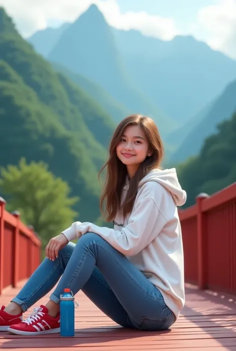 The image shows a young woman sitting on a red wooden bridge with a beautiful landscape in the background. She is wearing a white hoodie, blue jeans, and red sneakers. She has long brown hair and is holding a blue water bottle in her right hand. The woman ...