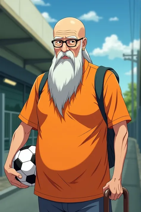  60-year-old teacher ,  with a padlock-like beard , glasses,  cane and orange football shirt ,  Anime style,  who doesnt have a soccer ball in his hand ,  only the cane and that the Beard is a padlock type, And almost bald  