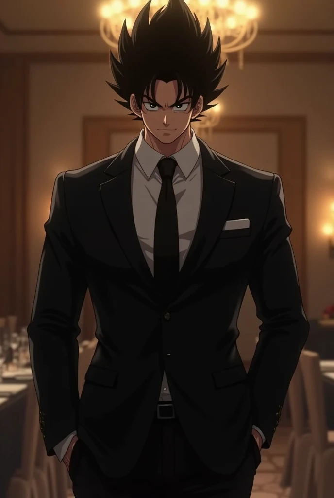 Goku in elegant black suit with tie for a refined birthday party 