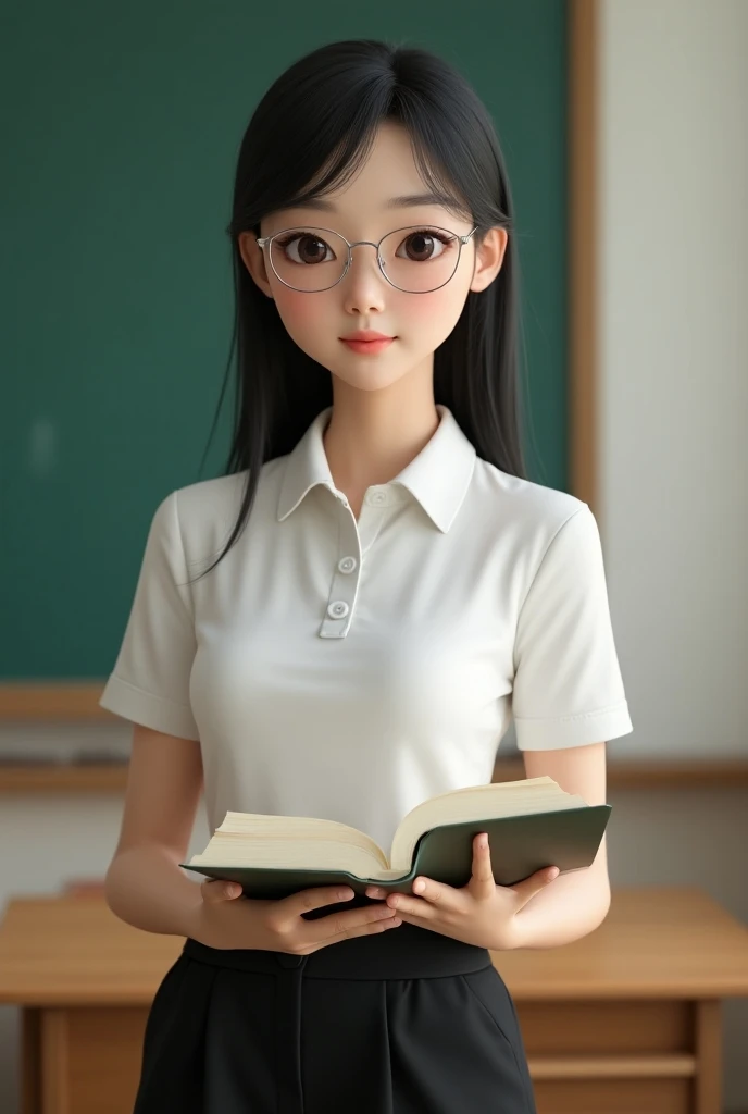 make a half body 3D avatar of a teacher that looks beautiful. Facial features: looks like korean, especially the eyes, narrow nose, faired skin, small face, slightly arched eyebrows long black hair with wispy bangs. Wearing thin silver framed glasses, wear...