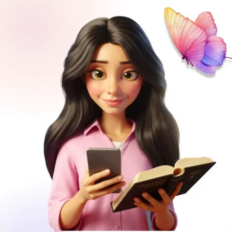  30-year-old woman ,  long hair and black eyes. sitting in a library, reading a book. Estilo Disney Pxar, 3d. Wear the same face as the figure  