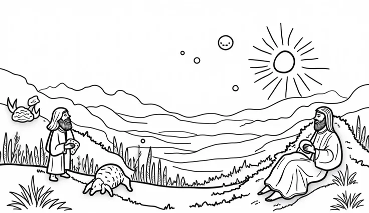 Stress-free coloring, page with image of a simple, cartoon-style drawing representing the creation of the world. Day 1: Light appearing with the sun shining in the sky, and the first rays of light separating darkness. Day 2: A sky filled with clouds, separ...