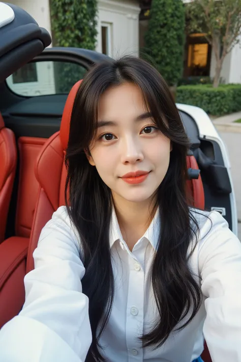 A 36-year-old female CEO takes a first-view selfie in the drivers seat of a white convertible Porsche 718 in front of a luxury villa in Los Angeles。Red interior 。Oriental woman with round face, full chest, long black hair 。Light makeup for plain skin、 wear...