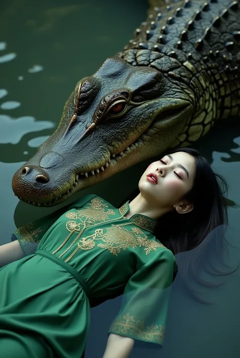  photography full body view A beautiful 17-year-old Korean girl ,wearing green kebaya ,  lying limp on her back in a river , and a large size crocodile are right on top of her body 
River background, 