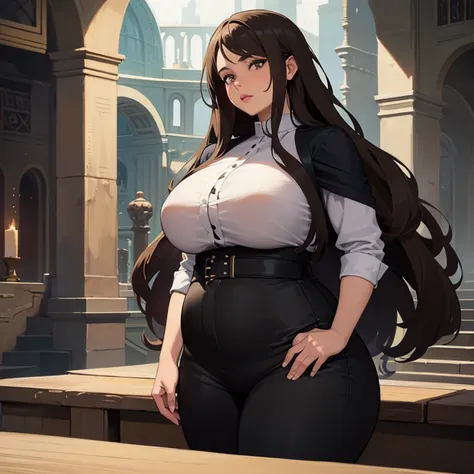 a chubby brown woman,woman with long brown hair,woman with black shirt,woman with black pants,detailed face,detailed eyes,detailed nose,detailed lips,realistic,photorealistic,extremely detailed,8k,high quality,professional,beautiful,elegant,thoughtful expr...