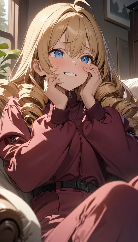 woman、Blonde、Long Hair、Drill Hair、Ahoge、Blue Eyes、Tree Eyes、Details、Grinning face、 maroon sportswear with long sleeves hidden in the hands、Maroon pants 、Moe sleeves、Put your hands on your eyes、 sitting on a white sofa 、Room Background、 upper body、anime、Ill...