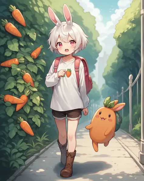 A cute cartoon animal，Cute bunny girl, Warm colors predominate, pink eyes, white hair, short hair, walking with a backpack with a lot of carrots, white long sleeve shirt, short shorts, brown boots