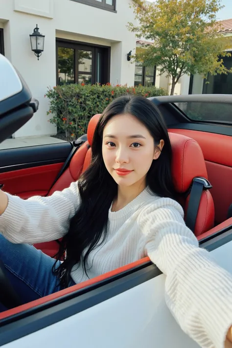 A 36-year-old female CEO takes a first-view selfie in the drivers seat of a white convertible Porsche 718 in front of a luxury villa in Los Angeles。Red interior 。Oriental woman with round face, full chest, long black hair 。Light makeup for plain skin、 wear...