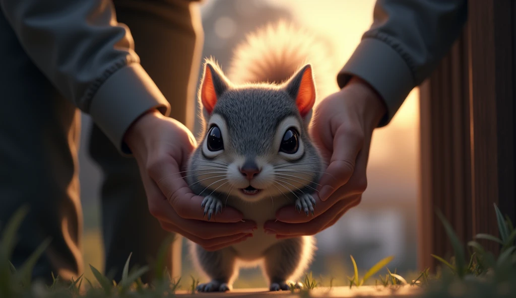 Dramatic depiction of a gray squirrel with bright eyes, being gently removed from a house by two officials:  put him in the carrier