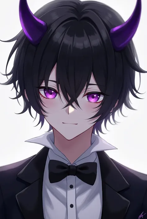  A 17-year-old boy with black hair and purple eyes with demon horns on his head and a tuxedo, Anime style High Resolution , necessary,  masterpiece , Detail, 