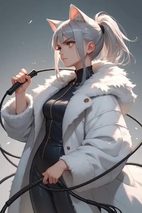 1 woman, ponytail, Silver Haired Angora Cat Ears,whip,shoulder fur coat