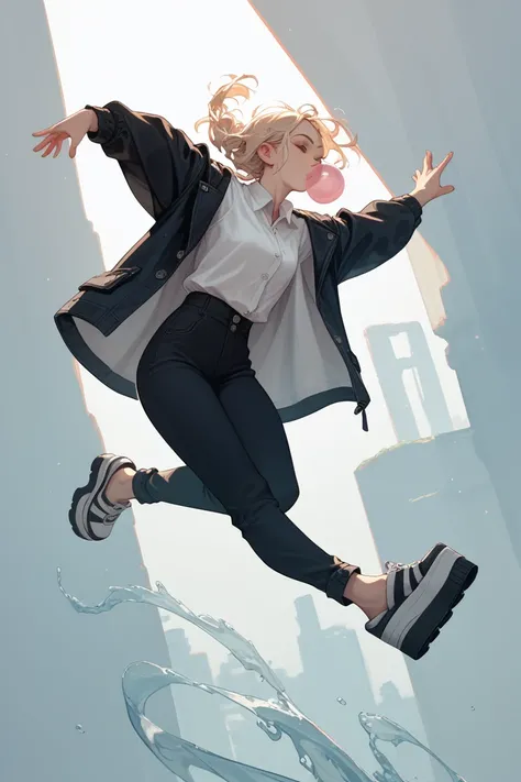 A woman with long blond hair , light skin, legging pants ,  black jacket and white dress shirt with buttons,  platform jumping and bubbling gum 