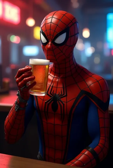 Beer in Spiderman costume
