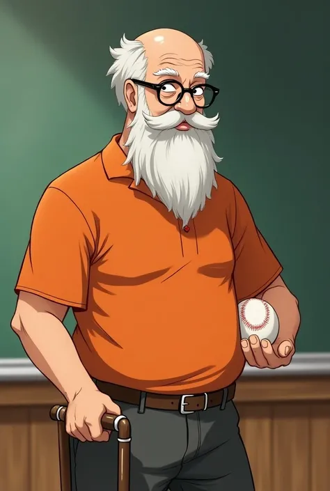  60-year-old teacher ,  with a padlock-like beard , glasses,  cane and orange football shirt ,  Anime style,  who doesnt have a soccer ball in his hand ,  only the cane and that the Beard is a padlock type, And almost bald and with a baseball in the other ...