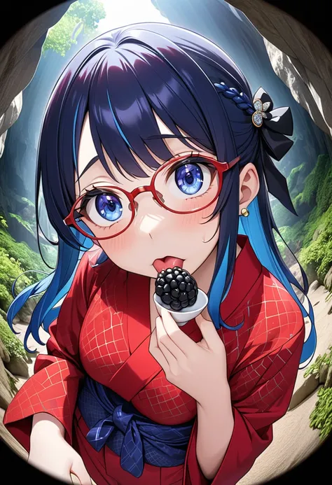 (best masterpiece, high resolution: 1.5), (8K, RAW photo, fisheye effect, perfect anatomy, golden ratio: 1.3), pointillism, professional photography, gaze, lone Japanese idol, (real: 0.5 ), (Eating blackberries: 1.5), (Diamond pattern, red yukata: 1.5), (S...