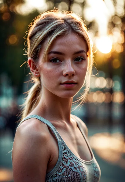 cinematic film still 15yo 15 ans girl,solo,(pale skin:1.3),blonde hair,long hair,dusty background,sunny day,outdoor background,l...