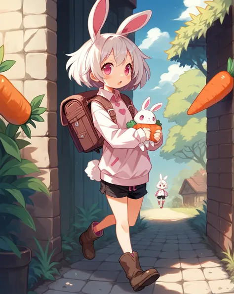 A cute cartoon animal，Cute white bunny, Warm colors predominate, Pink eyes, white hair, walking with a backpack with a lot of carrots, long sleeve shirt, short shorts, brown boots, fantasy clothes