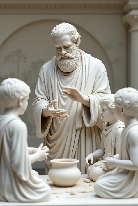 A marble sculpture scene inspired by classical Greek art, depicting an elderly bearded man teaching a group of young students, all intricately carved from white marble. The teacher stands with a gentle, wise expression, focused on demonstrating pottery tec...