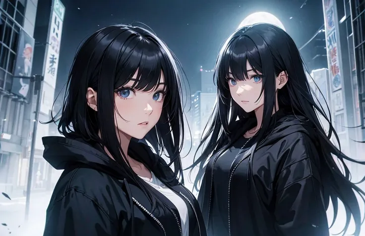 Dark night
Moonlight illuminates the area.
The scenery is mysterious, as if lost in another dimension.
A beautiful dark-haired woman facing diagonally forward on the right.
He is looking at us with a serious expression.
Dressed in black jacket and hoodie.
...