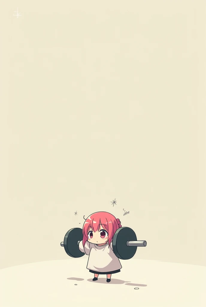 A little anime girl ,  with big eyes and pink hair ,  in a too big t-shirt holds a huge barbell in a deadlift , Minimalism 