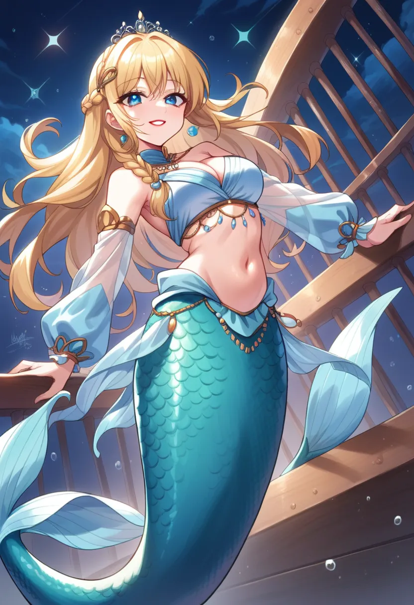 anime style, mermaid on wood ship, high view, cinderella, mature female, blue eyes, big chest, light blue crystal belly dancer l...