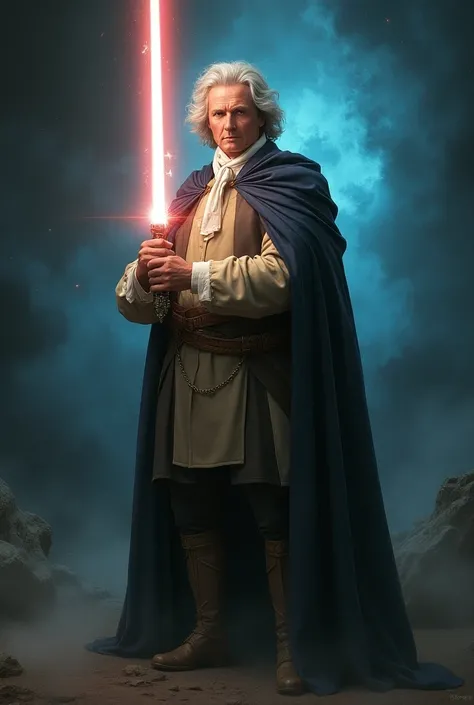  MAKE AN IMAGE OF ISAC NEWTON WITH A LIGHTSABER, MAKE IN FULL BODY DRAWING FORMAT 