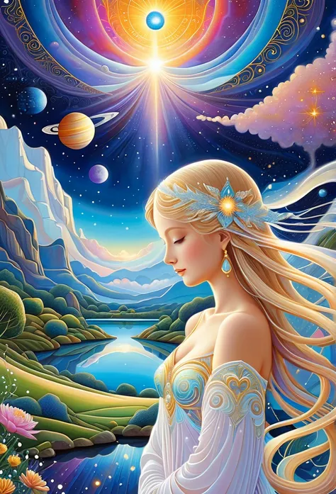 (masterpiece, Best Quality:1.2),  The Magical World from Distant Venus、 Zentul,  intricate detail ,  cosmic energy , Dreamy landscape、meditation、Cosmic Consciousness 、 Beautiful World 、Angel