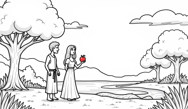 Stress-free coloring, page with image of a simple, cartoon-style drawing illustrating the story of Adam and Eve in the Garden of Eden. The serpent is coiled around a tree, speaking to Eve, while Adam stands nearby. Eve is holding the forbidden fruit, a glo...