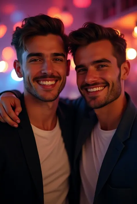 male model in a relaxed photo partying with a friend 