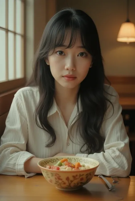 A woman is sitting at a table with a bowl of food,  Kakinouchi Narumi  ,  , Chiho, Suzuki Kiyoko, It&#39;s bitter, Rinko Kawaichi, Filmed in the early 2020s, Bookmark, deayam to whom, Kazami Yuuka