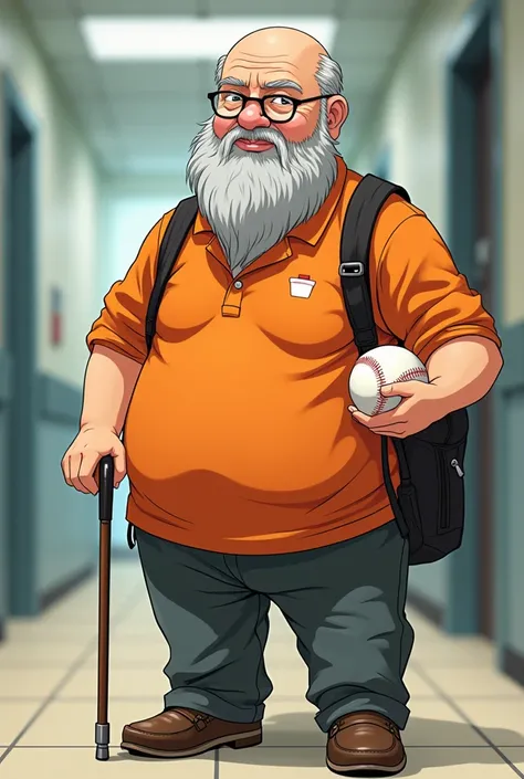  60-year-old teacher ,  with a padlock-like beard , glasses,  cane and orange football shirt ,  Anime style,  who doesnt have a soccer ball in his hand ,  only the cane and that the Beard is a padlock type, And almost bald and with a baseball in the other ...