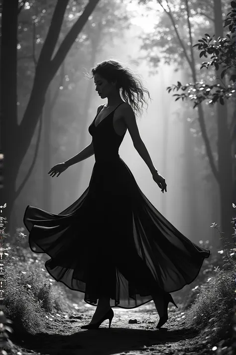 Image of a woman dancing in the forest in the style of the black and white movies of the French Nouvelle Vague of the 1960s