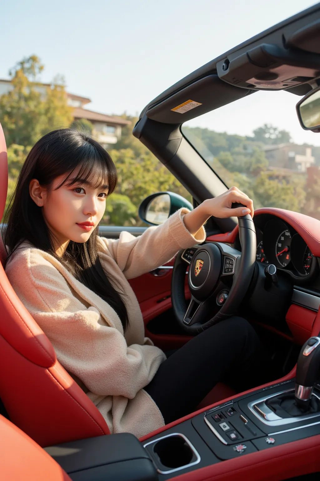 a 36-year-old female ceo takes a first-view selfie in the driver's seat of a convertible porsche 911 in front of a luxury villa ...