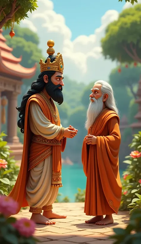 Indian Kings has no hand thumb talking to a saint 3d animated cartoon